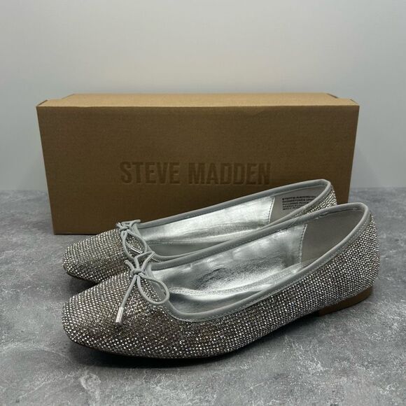NWT Steve Madden Steffie Rhinestone Silver Ballet Flats Size 7 M Bow Detail - Picture 1 of 15